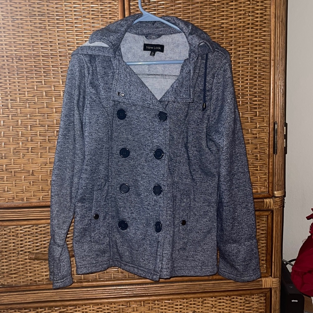 Navy heathered double breasted button up hooded jacket